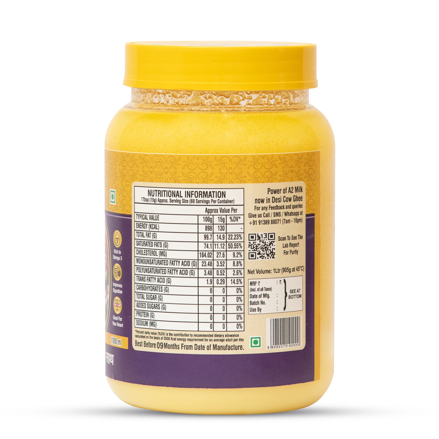 Ghrita A2 Gir Cow Ghee 1 Litre - Back Label & Nutritional Information